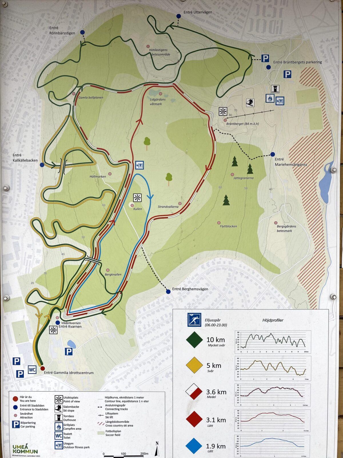 Karta över Stadsliden/Gammliaskogens motionsspår i Umeå