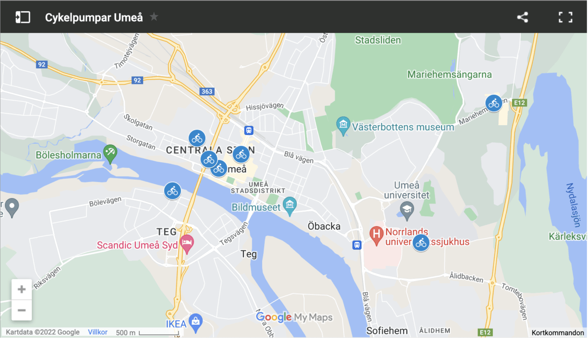 Karta över cykelpumpar i Umeå